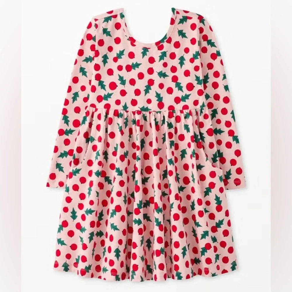 NWT Hanna Andersson Holiday Skater‎ LS Dress, Snowberries Pink, Size 100 (US 4)